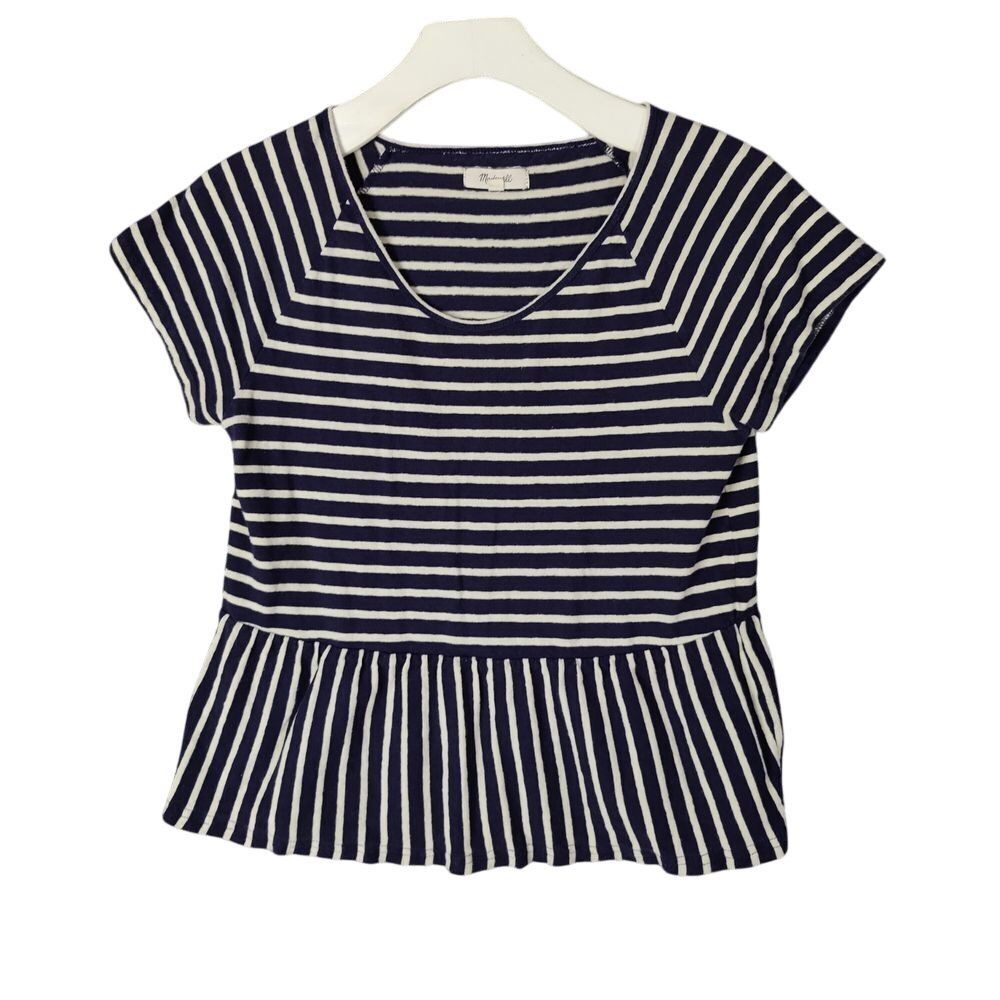 Madewell Womens Nautical Coastal Linen Cotton Peplum Top XS Blue White Striped‎